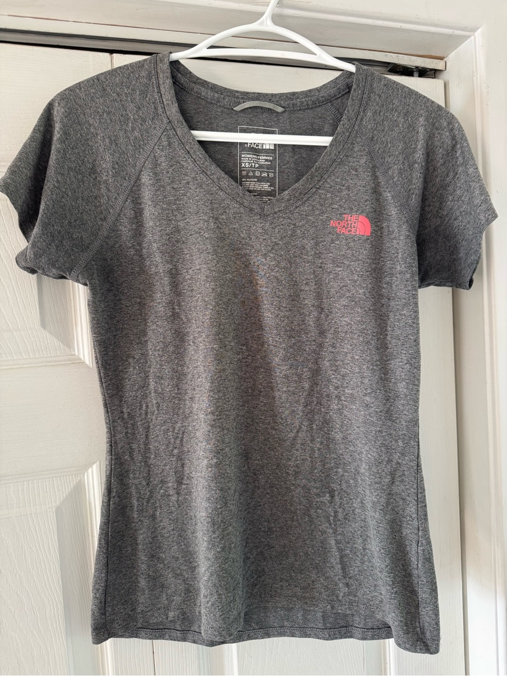 The North Face Women's Heather Gray V‑Neck Tee with Pink Logo